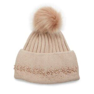 Adrienne Landau Knit Beanie Hat Faux Fur Pom Pom Pearl Blush